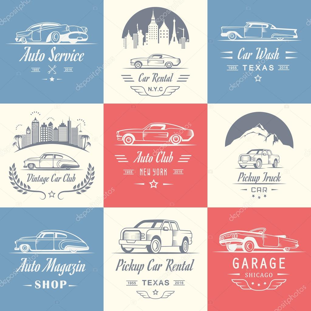 Vector set of vintage car symbols and sign. Car service and car sale retro labels, logos and badges. Collection of auto design elements, frames, ribbons and emblems