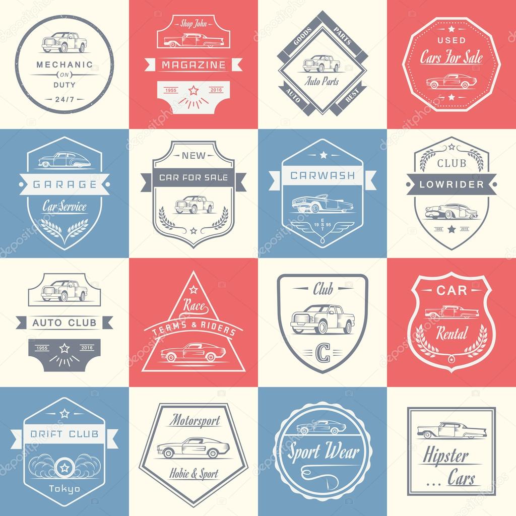 Vector set of vintage car symbols and sign. Car service and car sale retro labels, logos and badges. Collection of auto design elements, frames, ribbons and emblems