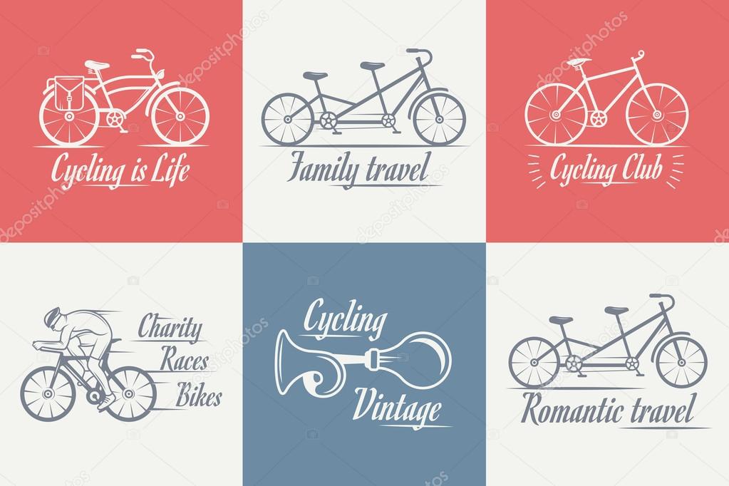 Set of vintage, modern and retro logo badges and labels bicycle, pro bike, shop, equipment and club. Cycling typographic sign, icons and old emblems - Stock Vector