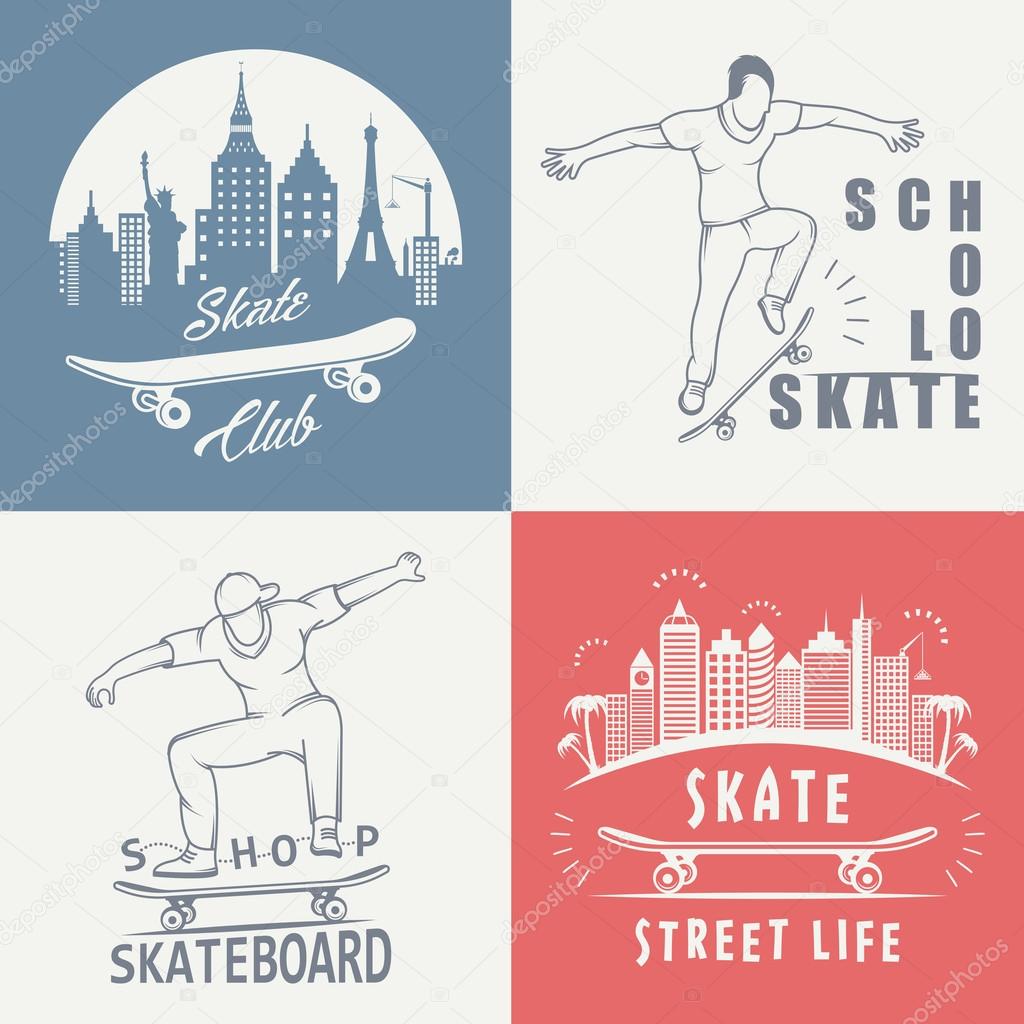 Set of skateboarding logo, badge, emblems, stickers, labels and elements of street style. Collection sign street art, street life and graffiti