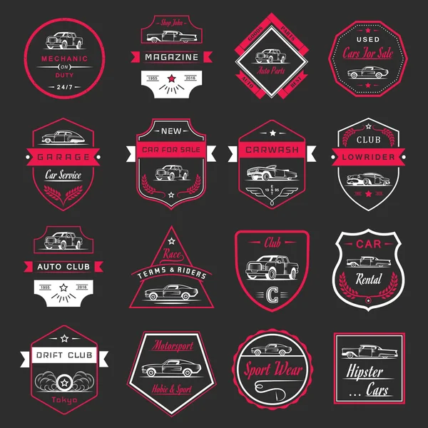 Conjunto vectorial de insignias y letreros de automóviles vintage — Vector de stock