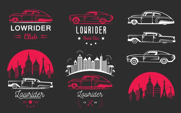 Zestaw Vintage Lowrider znaczek Logo i znak — Wektor stockowy