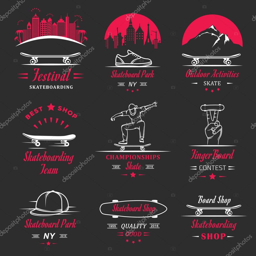 Set of skateboarding logo, badge, emblems, stickers, labels and elements of street style. Collection sign street art, street life and graffiti