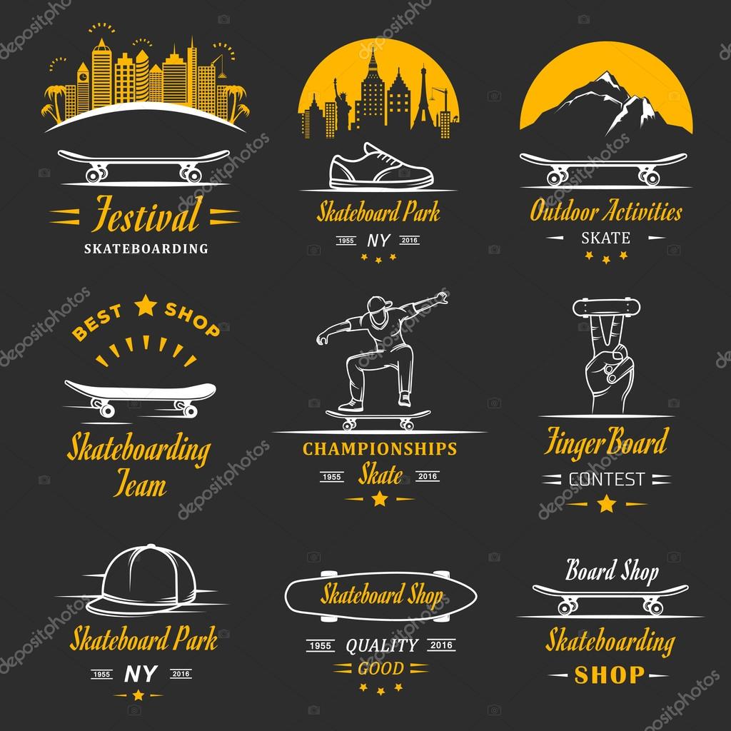 Set of skateboarding logo, badge, emblems, stickers, labels and elements of street style. Collection sign street art, street life and graffiti