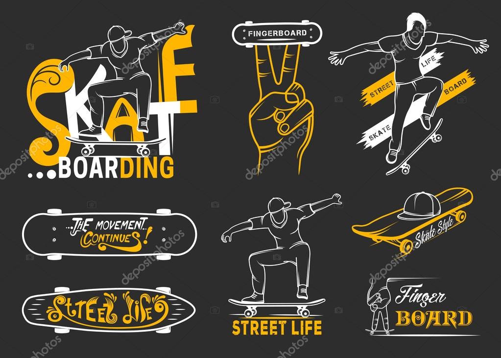 Set of skateboarding emblems, logo, badge, labels and designed elements. Collection sign street art, street life and graffiti