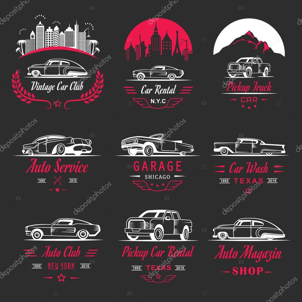 Vector set of vintage car symbols and sign. Car service and car sale retro labels, logos and badges. Collection of auto design elements, frames, ribbons and emblems