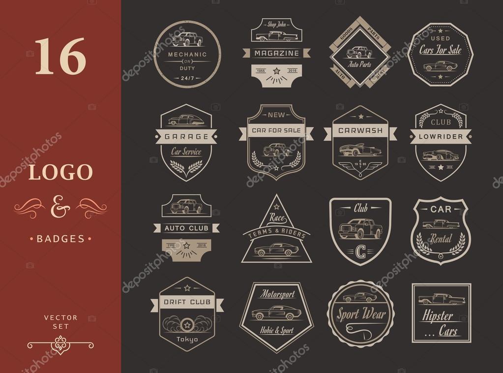Vector set of vintage car symbols and sign. Car service and car sale retro labels, logos and badges. Collection of auto design elements, frames, ribbons and emblems