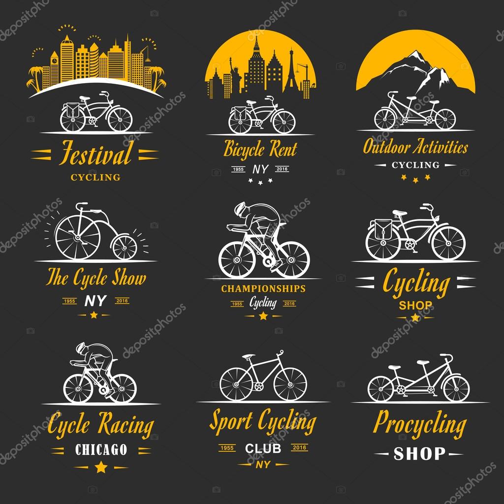 Set of vintage, modern and retro logo badges and labels bicycle, pro bike, shop, equipment and club. Cycling typographic sign, icons and old emblems - Stock Vector