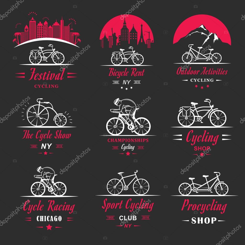 Set of vintage, modern and retro logo badges and labels bicycle, pro bike, shop, equipment and club. Cycling typographic sign, icons and old emblems - Stock Vector