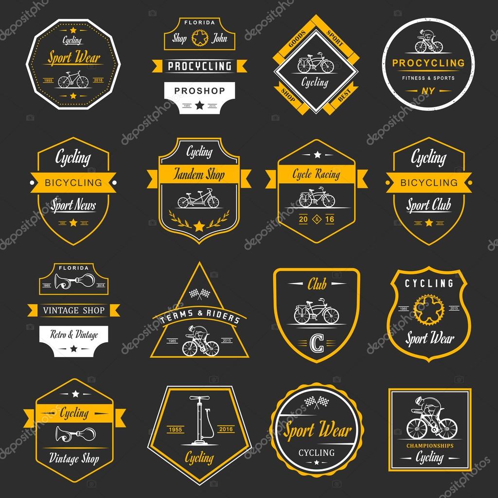 Set of vintage, modern and retro logo badges and labels bicycle, pro bike, shop, equipment and club. Cycling typographic sign, icons and old emblems - Stock Vector
