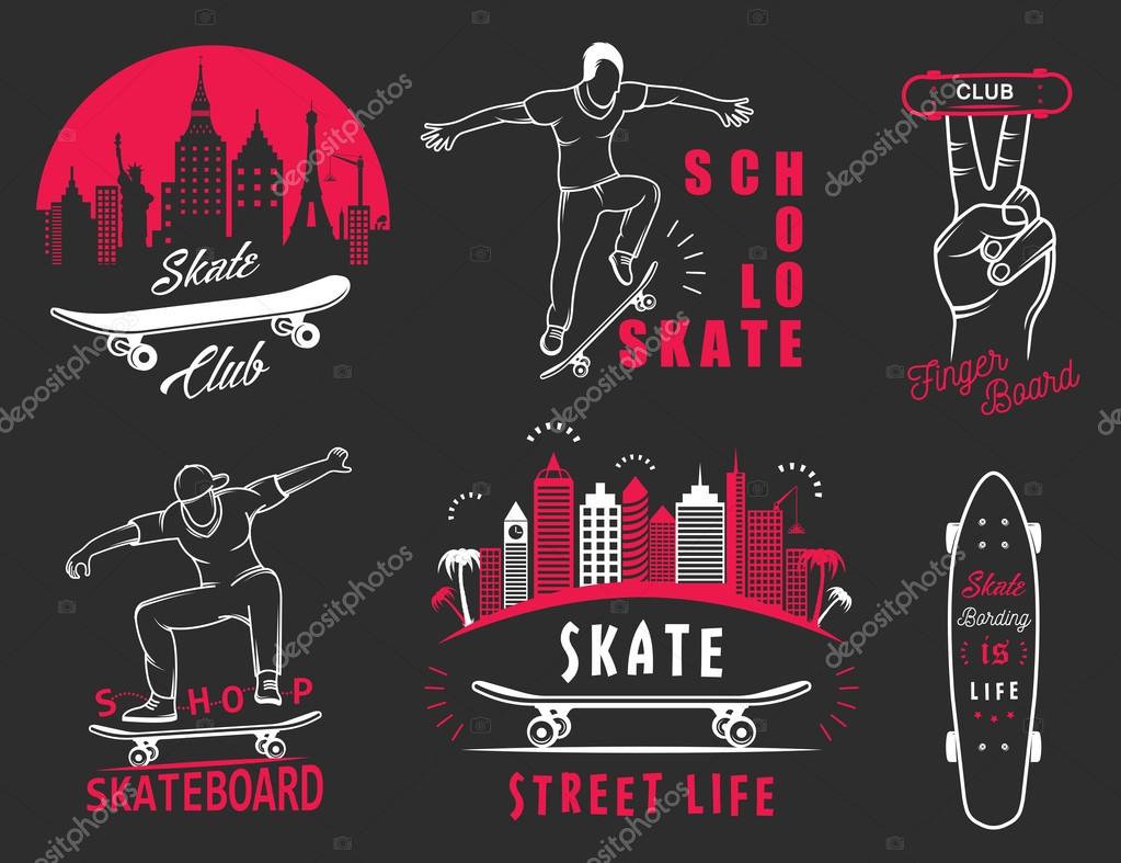 Set of skateboarding logo, badge, emblems, stickers, labels and elements of street style. Collection sign street art, street life and graffiti