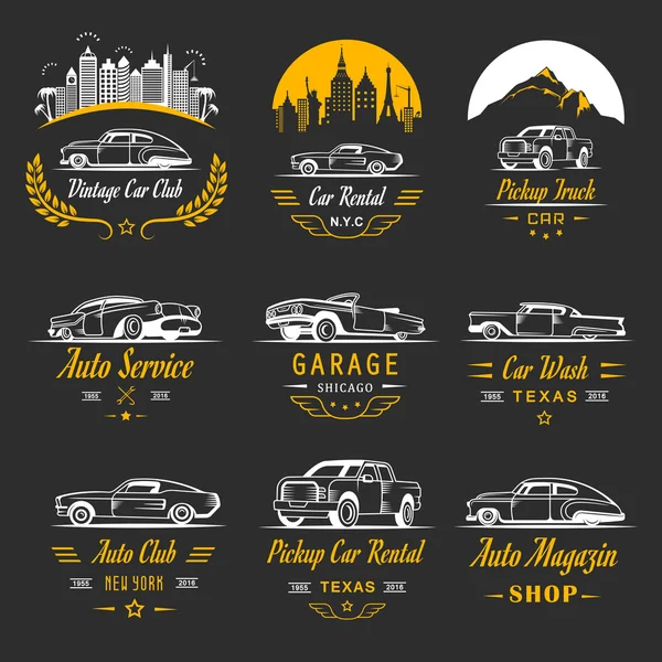 Conjunto vectorial de insignias y letreros de automóviles vintage — Vector de stock