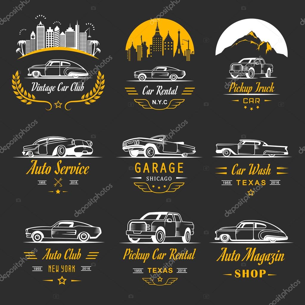 Vector set of vintage car symbols and sign. Car service and car sale retro labels, logos and badges. Collection of auto design elements, frames ribbons and emblems