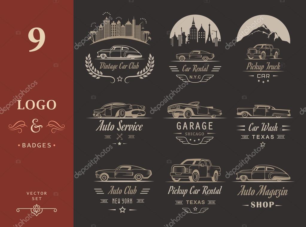 Vector set of vintage car symbols and sign. Car service and car sale retro labels, logos and badges. Collection of auto design elements, frames ribbons and emblems