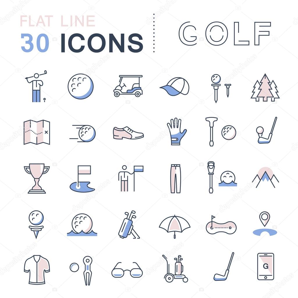 Set vector line icons game golf and golf equipments in flat design with elements for mobile concepts and web apps. Collection modern infographic logo and pictogram
