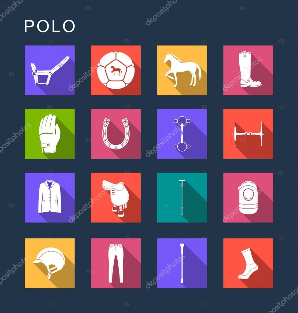 Vector set square flat icons and symbols on a dark background. Polo sign with long shadow