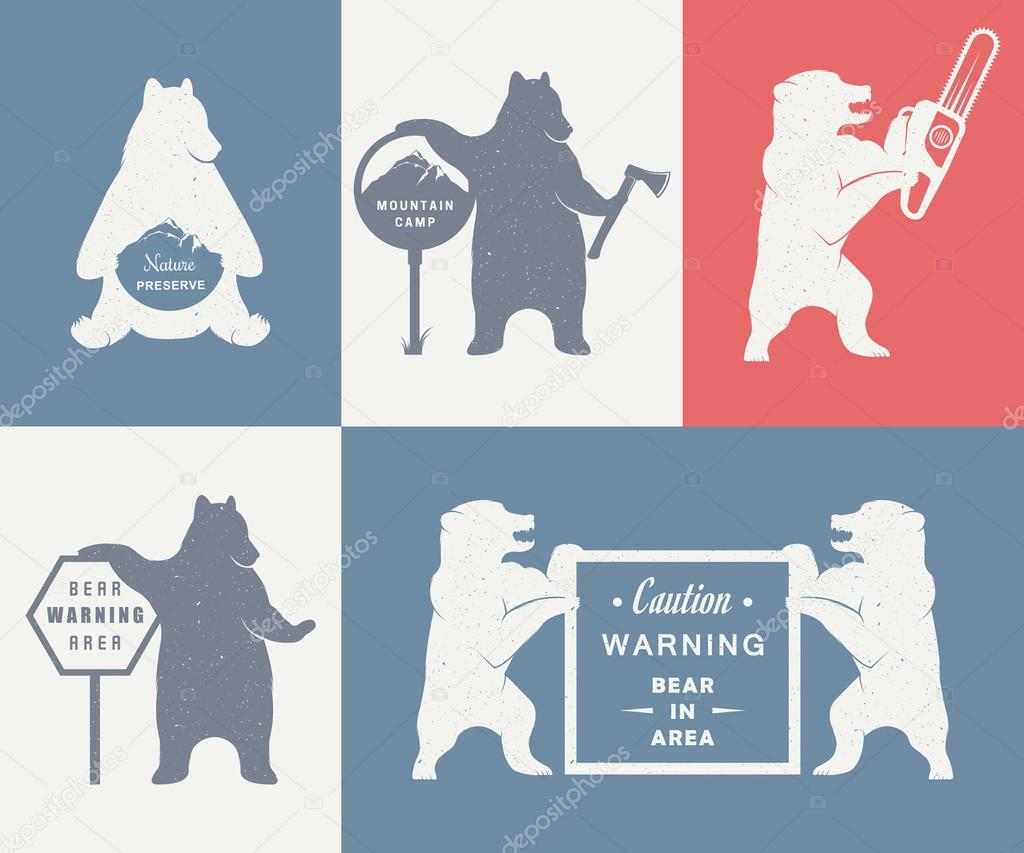 Vintage Illustration bear with sign Warning Bears and lumberjack. Bear on a white background for camping signs and billboards