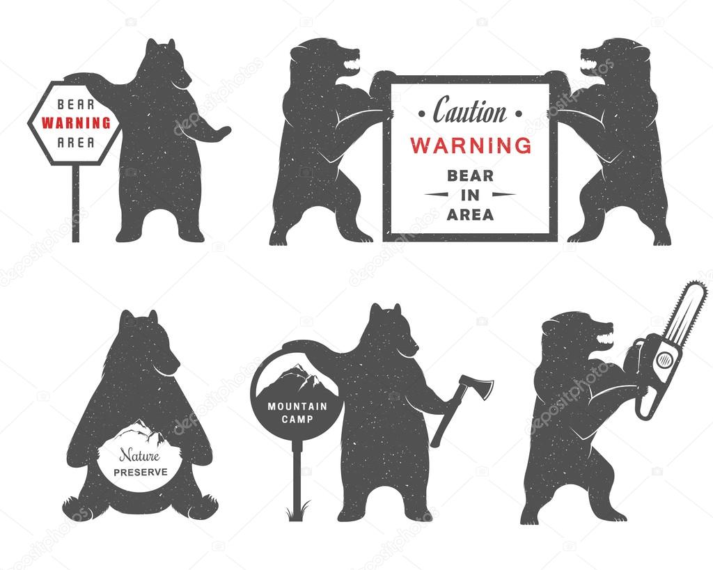 Vintage Illustration bear with sign Warning Bears and lumberjack. Bear on a white background for camping signs and billboards