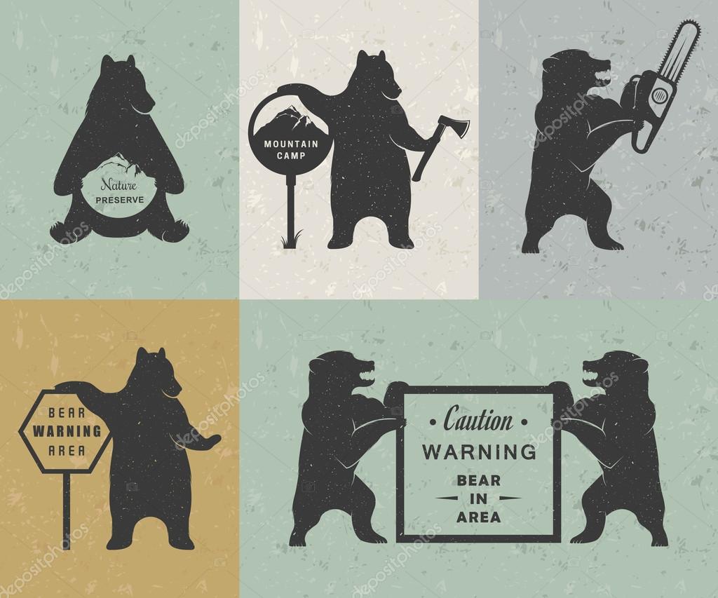 Vintage Illustration bear with sign Warning Bears and lumberjack. Bear on a white background for camping signs and billboards