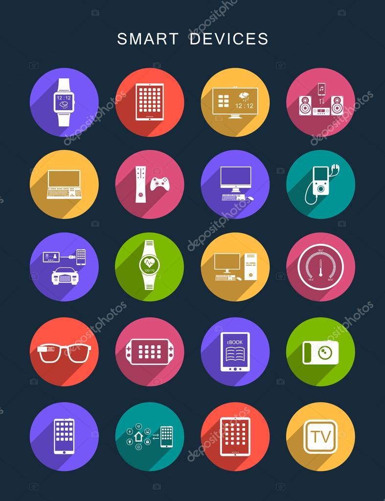 Vector set square flat icons and symbols on a dark background. Smart Devices sign with long shadow