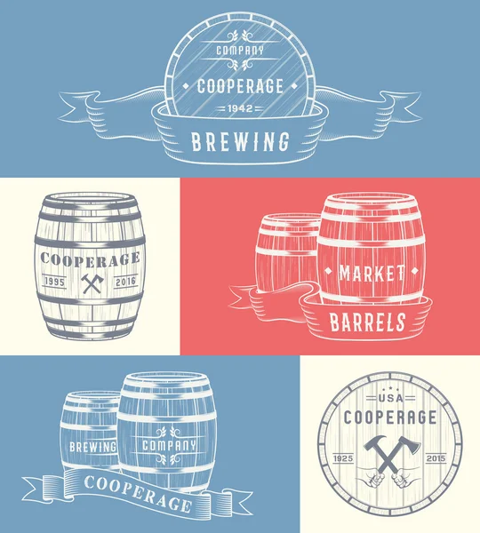 Set Wooden Casks Badges and Cooperage Logo — Stock Vector