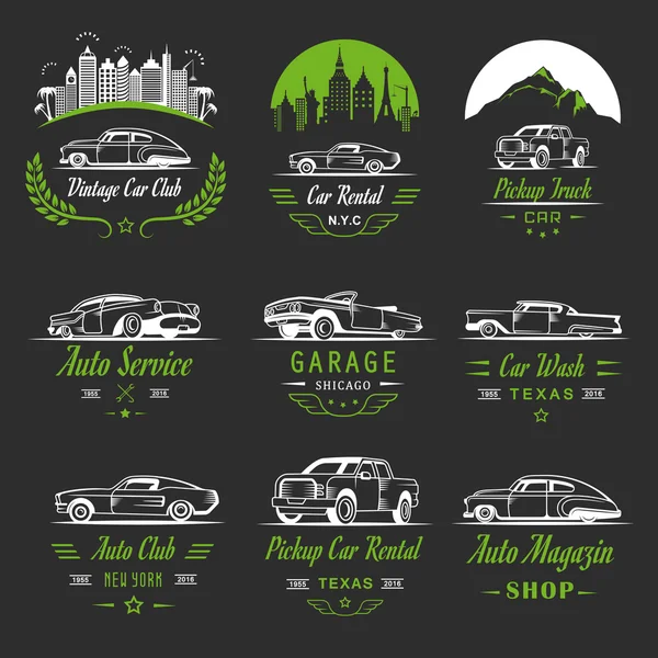 Conjunto vectorial de insignias y letreros de automóviles vintage — Vector de stock