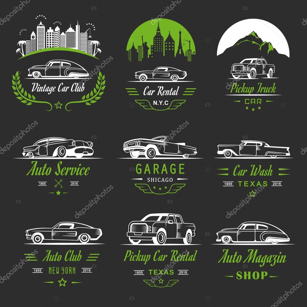 Vector set of vintage car symbols and sign. Car service and car sale retro labels, logos and badges. Collection of auto design elements, frames, ribbons and emblems