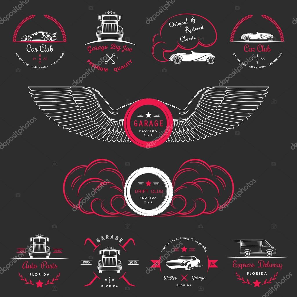 Set of vintage car club, drift club, auto parts and garage labels, badges and design elements. Badges trucks, vintage cars and sports cars.