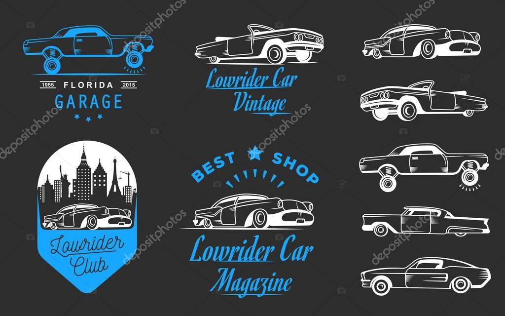 Set vintage lowrider logo, badge, sign, emblems, sticers and elements design. Collection blue and white classic and retro old car icon - Stock Vector