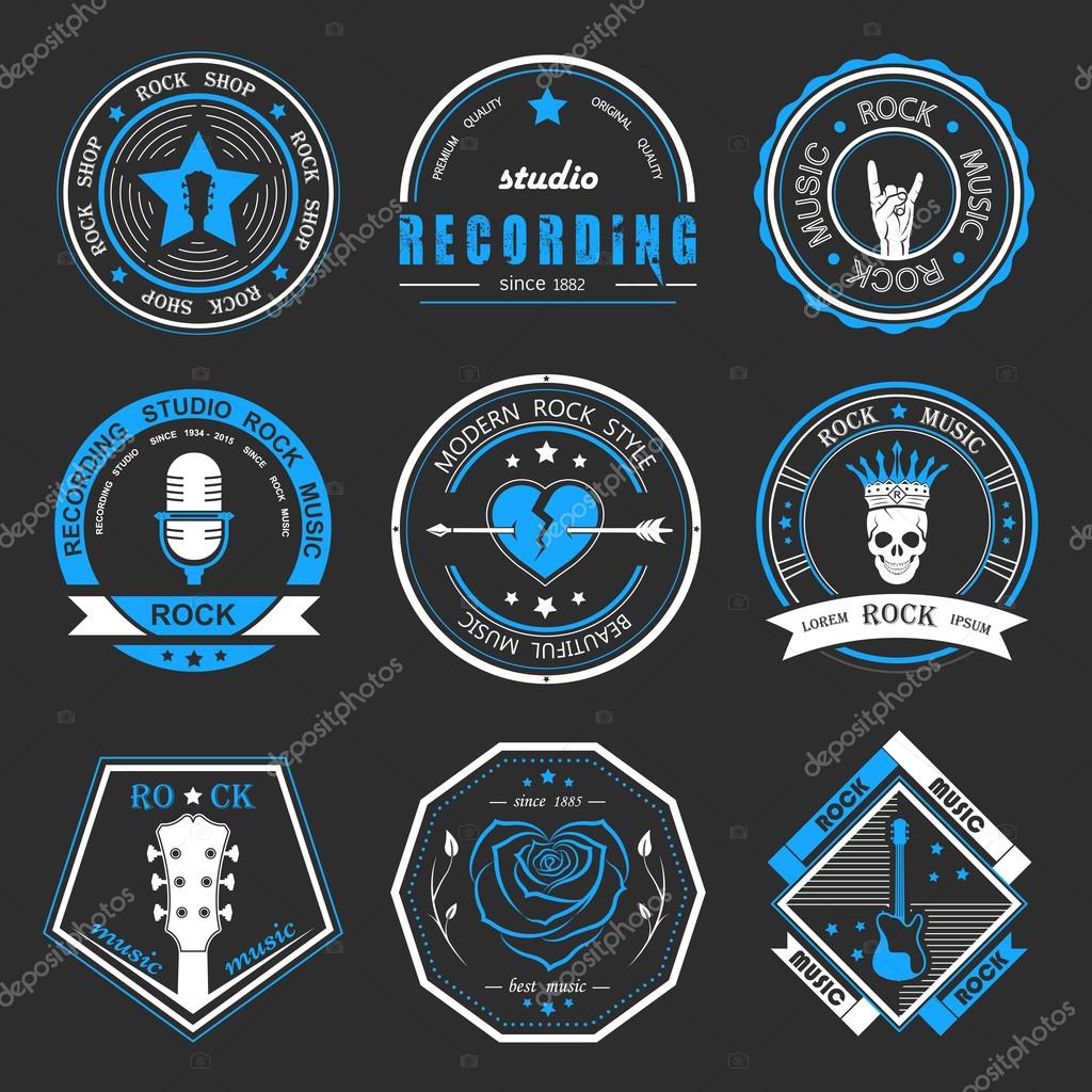Set of logos rock music and recording studios. Music design elements with font type and illustration vector. Vintage label Rock Beast T-Shirt Print.