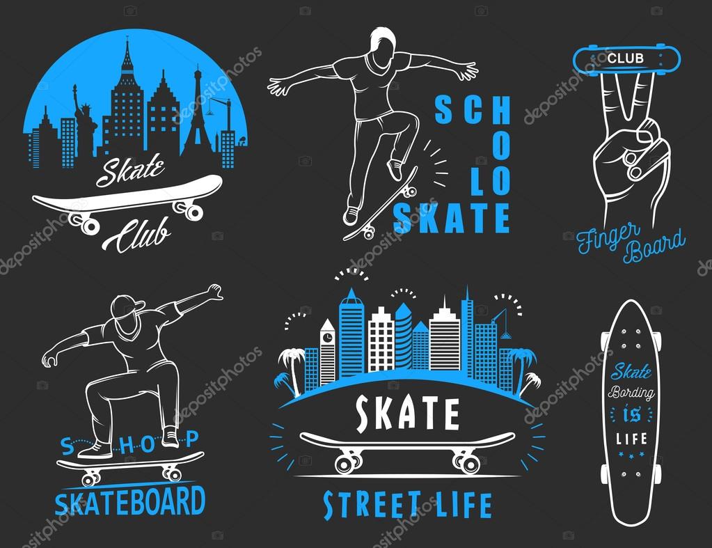 Set of skateboarding logo, badge, emblems, stickers, labels and elements of street style. Collection sign street art, street life and graffiti