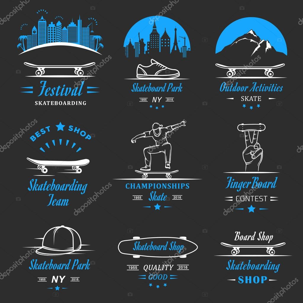 Set of skateboarding logo, badge, emblems, stickers, labels and elements of street style. Collection sign street art, street life and graffiti