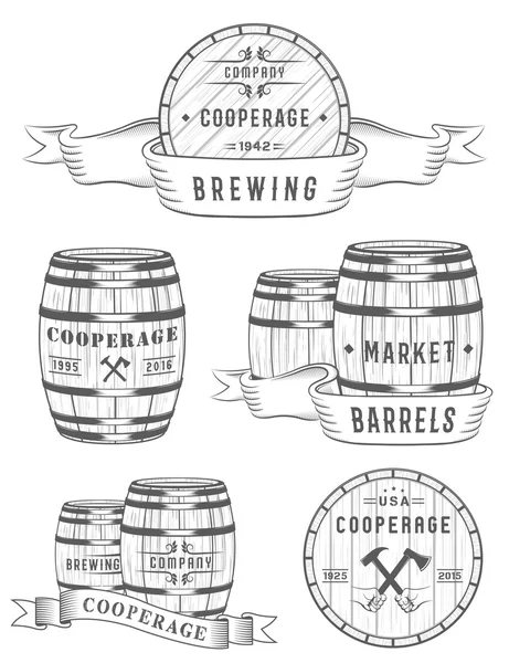 Set Wooden Casks Badges and Cooperage Logo — Stock Illustration Set Wooden Casks Badges and Cooperage Logo Royalty Free Stock Vectors
