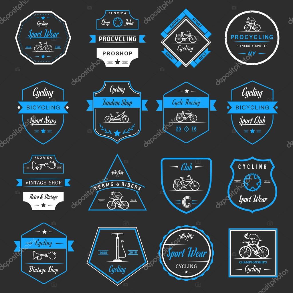 Set of vintage, modern and retro logo badges and labels bicycle, pro bike, shop, equipment and club. Cycling typographic sign, icons and old emblems - Stock Vector