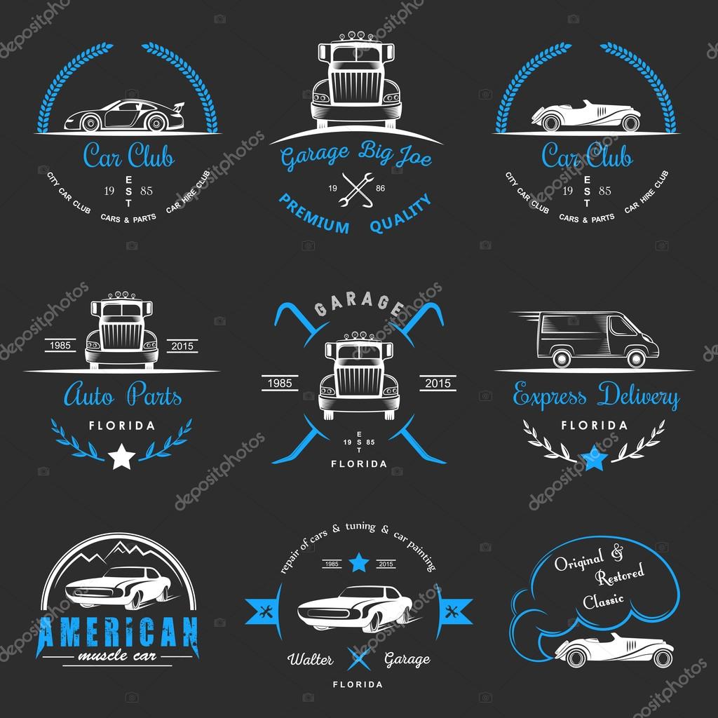Set of vintage car club, drift club, auto parts and garage labels, badges and design elements. Badges trucks, vintage cars and sports cars.