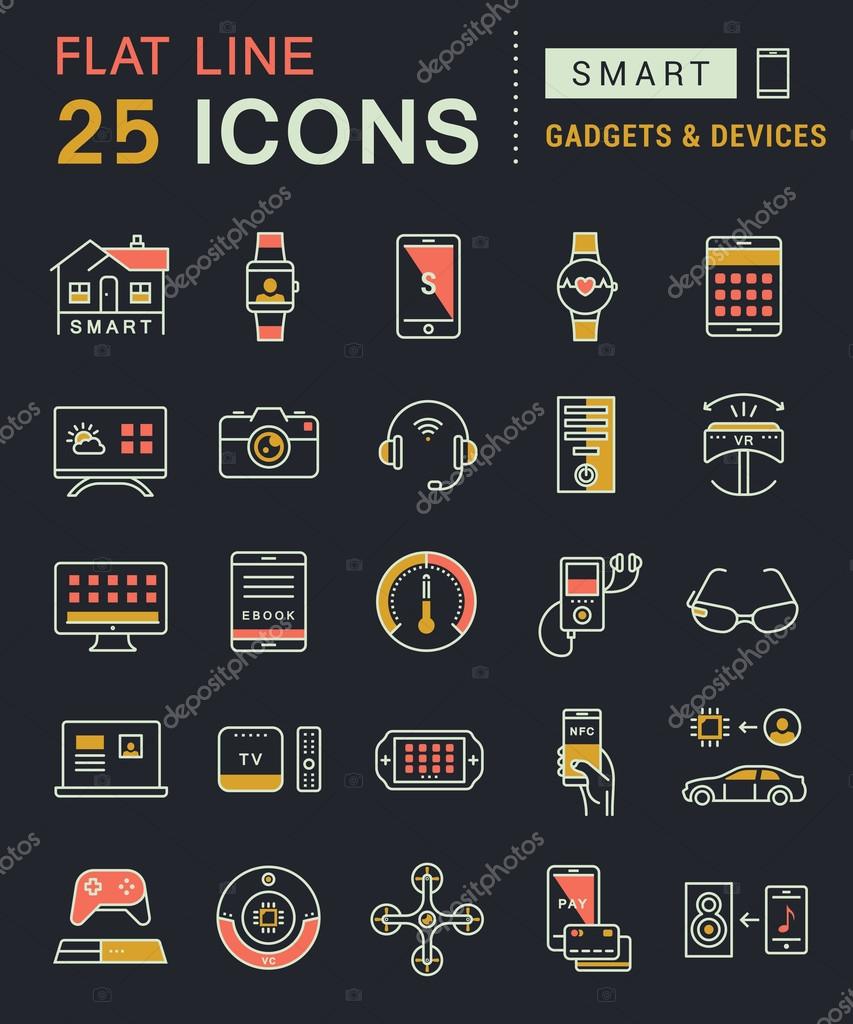 Set vector line icons in flat design smart device and gadgets, smart, home, car drones and other device with elements for mobile concepts and web apps. Collection modern infographic logo and pictogram