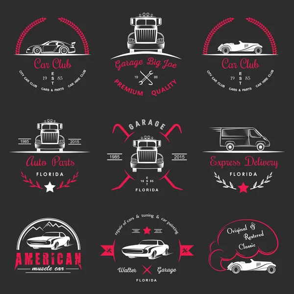 Set de insignias vintage club de coches y garaje — Archivo Imágenes Vectoriales