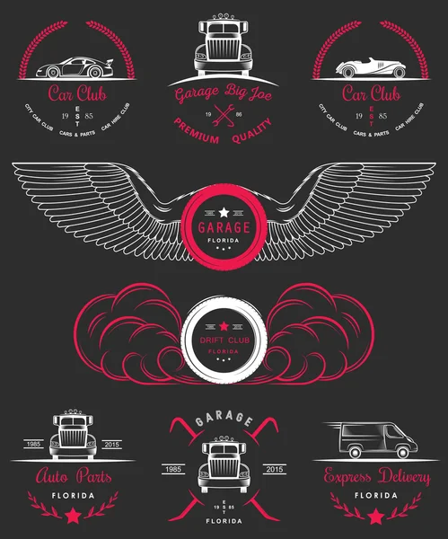 Set de insignias vintage club de coches y garaje — Vector de stock