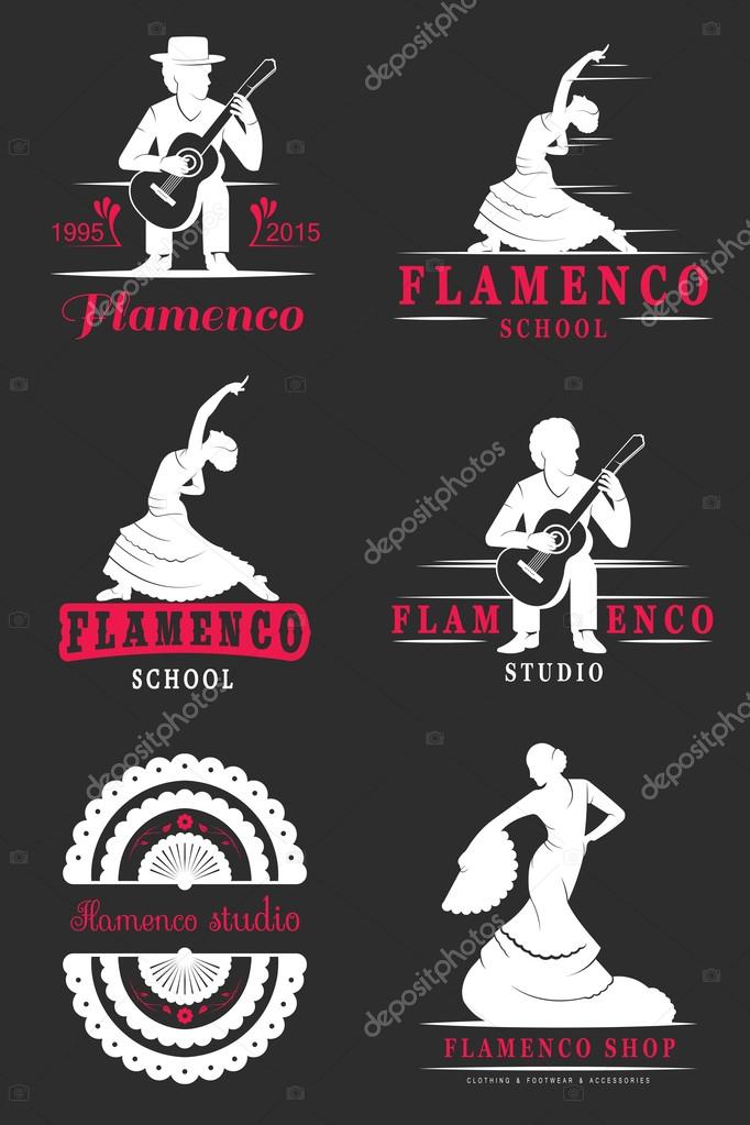 Set of vector logos, badges and silhouettes Flamenco. Collection emblems of traditional Spanish dance, signs school, clubs, shops and studios flamenco