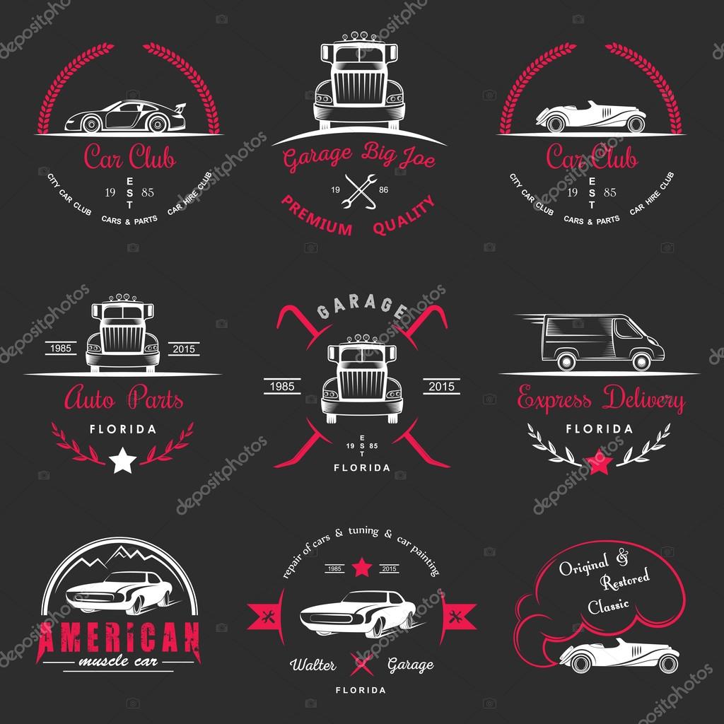 Set of vintage car club, drift club, auto parts and garage labels, badges and design elements. Badges trucks, vintage cars and sports cars.