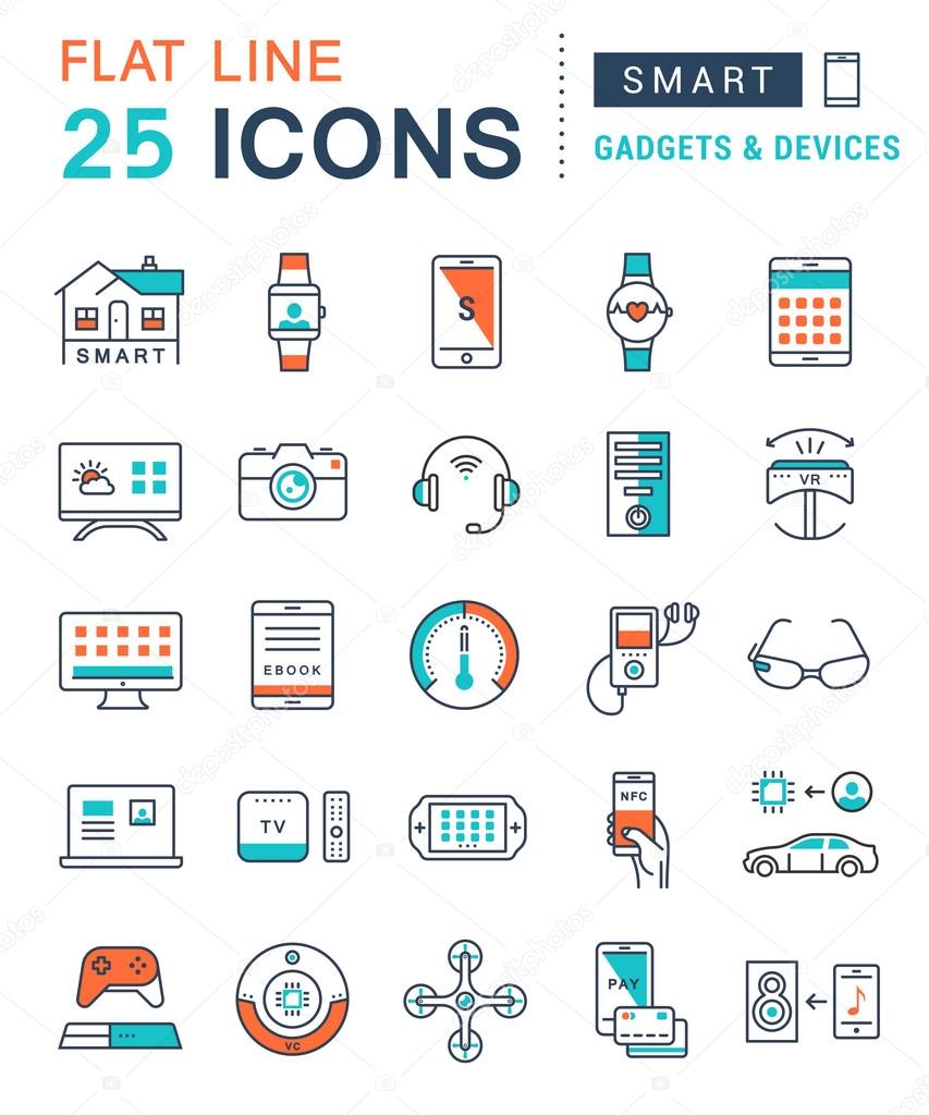 Set vector line icons in flat design smart device and gadgets, smart, home, car drones and other device with elements for mobile concepts and web apps. Collection modern infographic logo and pictogram