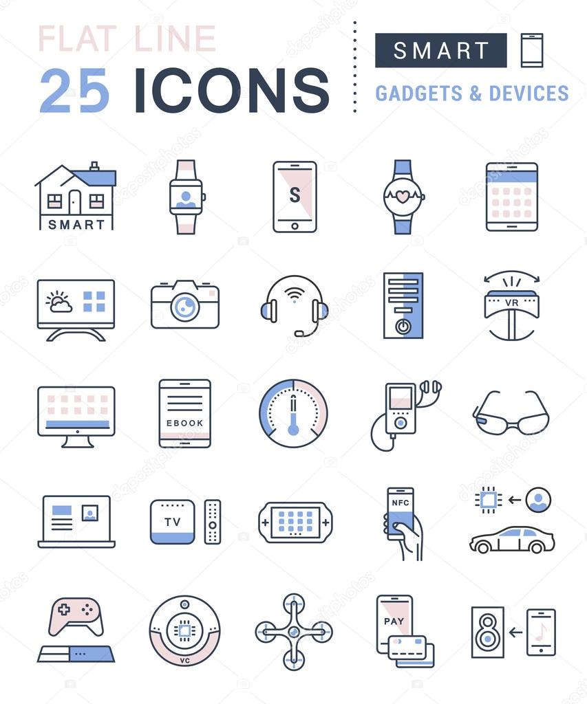 Set vector line icons in flat design smart device and gadgets, smart, home, car drones and other device with elements for mobile concepts and web apps. Collection modern infographic logo and pictogram