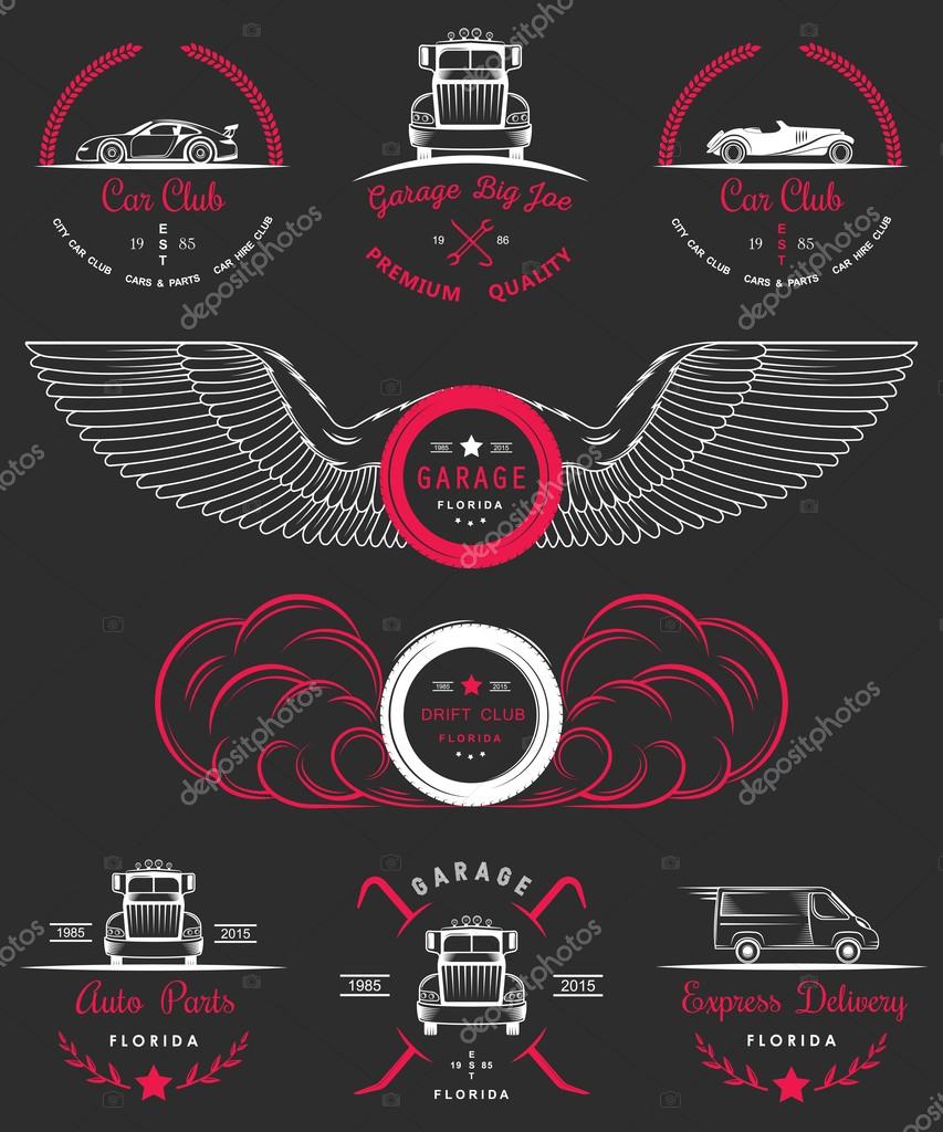 Set of vintage car club, drift club, auto parts and garage labels, badges and design elements. Badges trucks, vintage cars and sports cars.