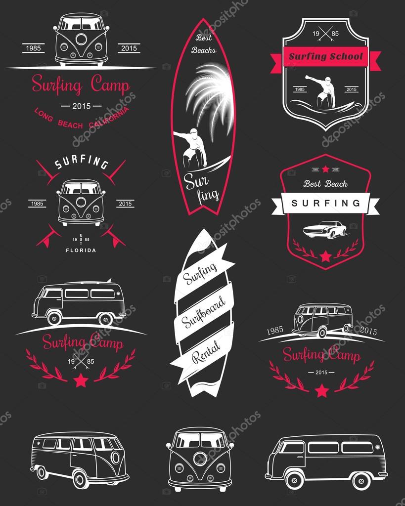 Vector badges and logos surfing, boards and equipment shops, beaches.