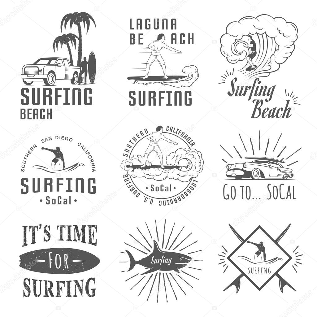 Set of vintage surfing graphics, emblems and badges. Surf collection retro sign and logos. Surf elements and labels.