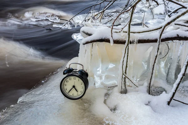 Time Shows Cold Month January Ice Formed Swedish River — Stock Photo, Image