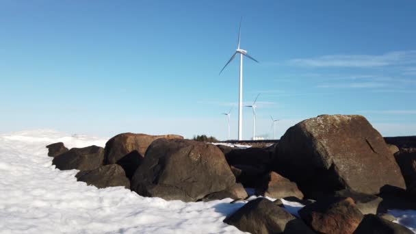 Swedish Winter Wind Turbines Baltic Sea Spinning Clear Blue Sky — Stock Video