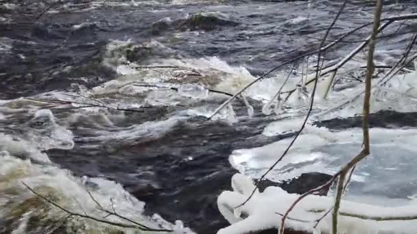 Fließender Fluss Mit Eiszapfen Auf Ästen Die Den Starken Wellen — Stockvideo