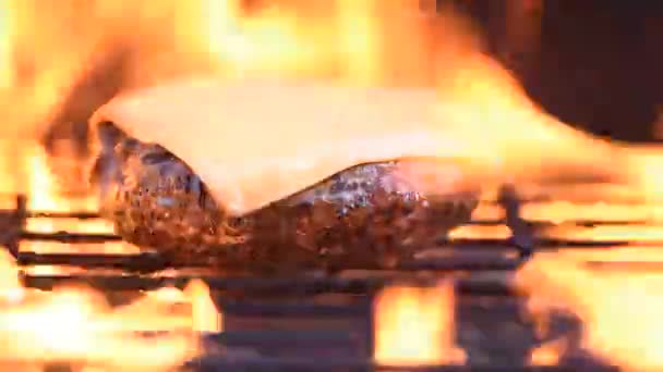 Hamburger Grillu Świeżym Powietrzu Płomieniami Ognia — Wideo stockowe