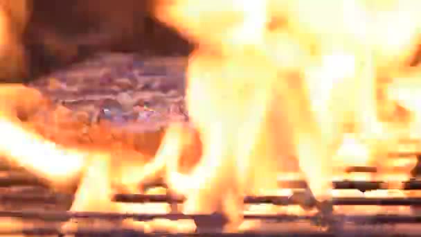 Гамбургер Сыром Барбекю Открытом Воздухе Пламенем Огня — стоковое видео